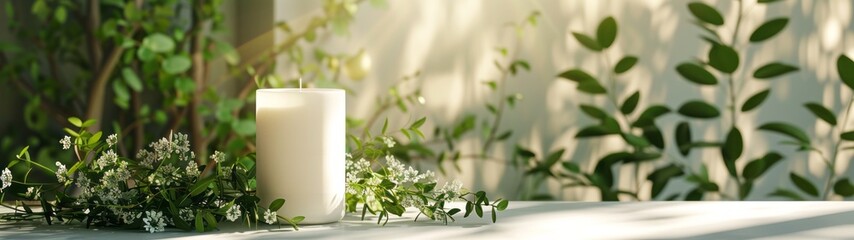 Elegant White Candle Packaging Mockup for Product Presentation and Branding in Minimalist Design, Ideal for Marketing and E-commerce Applications