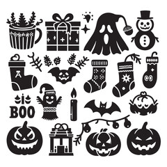  Halloween clip art assortment including jack-o'-lanterns, cobwebs, and playful ghosts for festive designs.