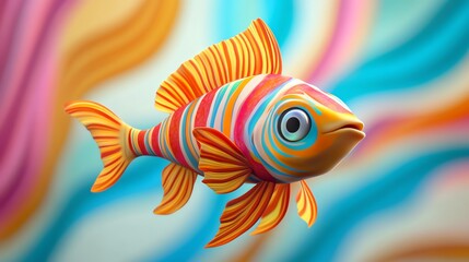 Fototapeta premium A colorful cartoon fish with large eyes against a blurred background.
