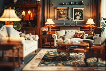 This living room showcases beautiful furniture arrangements and chic decor, all marked for a special Furniture Sale. Generative AI
