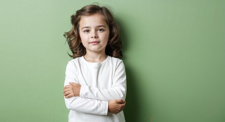 Obraz premium Child white girl with angular face and wavy brown hair relaxed pale green background