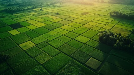 Aerial view of a vast green field of rice paddies with a grid pattern, bathed in warm sunlight.