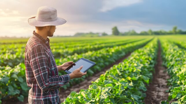 Tech driven Farmer Monitoring Crop Growth and Environmental Factors with Digital Tablet in Expansive Field Representing the Evolution of Agriculture through Innovative Technology