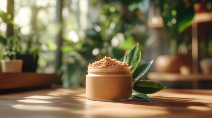Ultra-wide angle of a rose clay mask in a ceramic jar, blurred green plants in the background, peaceful and fresh.