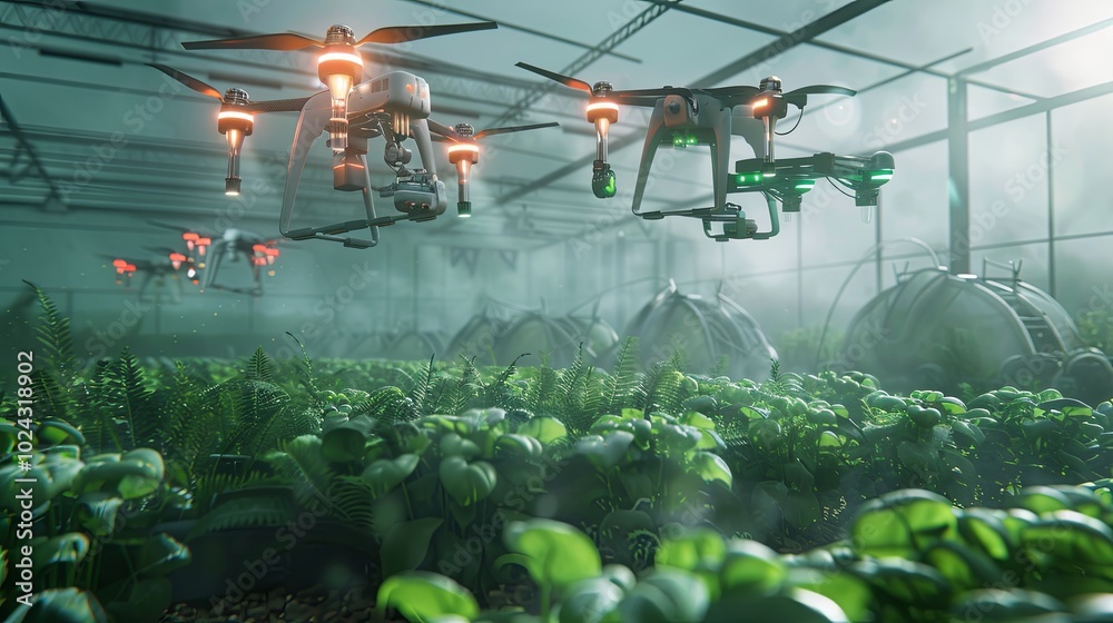 Aufkleber Drones and robots monitor and optimize crops using advanced AI technology in a high-tech agricultural setting. Generative AI