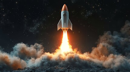 A white rocket blasts off from a rocky surface, leaving a trail of smoke and fire.