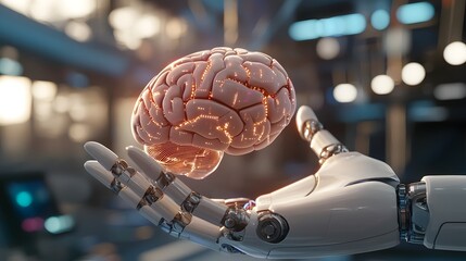 Humanoid Robot Holding Advanced Brain Amid Glowing Data Streams and Algorithms Representing the Risk of Technological Singularity for Humanity in a Sci Fi Inspired Analogous Color Scheme