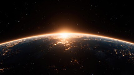 A breathtaking view of Earth at sunrise, showcasing the curving horizon and the first light illuminating the atmosphere above the oceans and landmasses from space