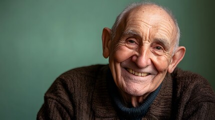 Obraz premium 91. An elderly man with a joyful smile, laughter evident in his eyes, against a muted green background.