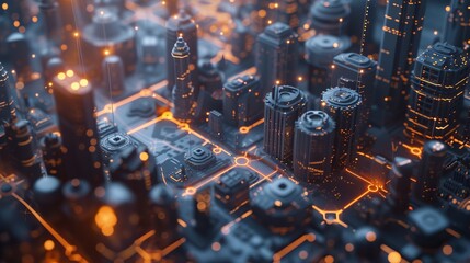 Futuristic digital cityscape with interconnected network nodes, showcasing advanced 5G technology for global connectivity and smart city infrastructure.
