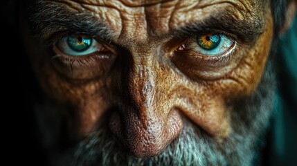 Close-up photo of an elderly man's face. This photo shows a man's face with deep wrinkles, a prominent nose, and piercing blue eyes.
