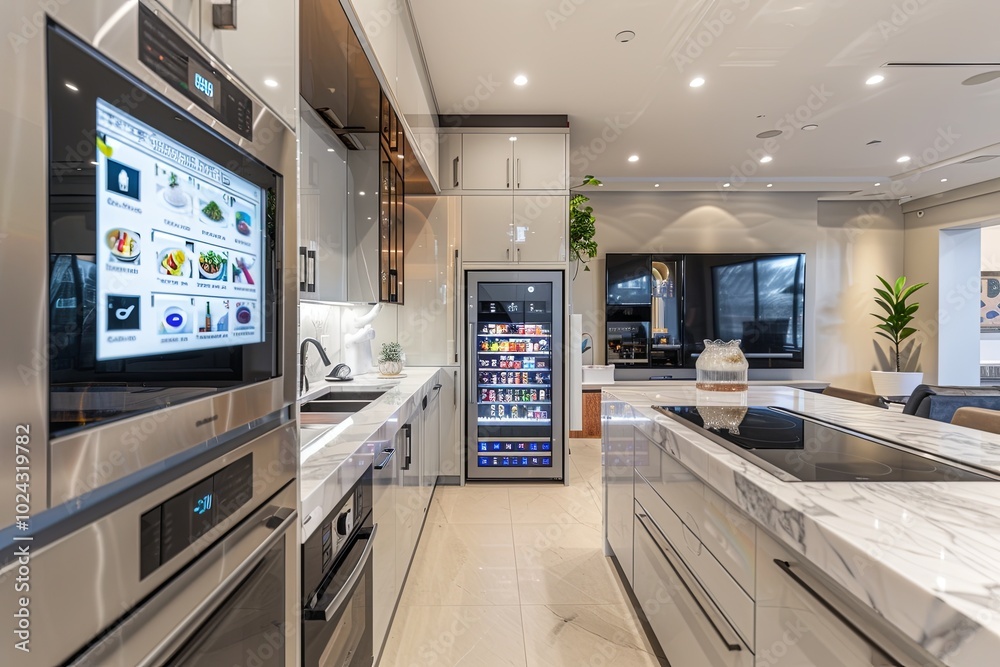 Poster this sleek kitchen showcases a smart refrigerator and an oven with voice control, designed for effic