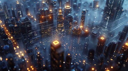 Fototapeta premium Futuristic digital cityscape with interconnected network nodes, showcasing advanced 5G technology for global connectivity and smart city infrastructure.
