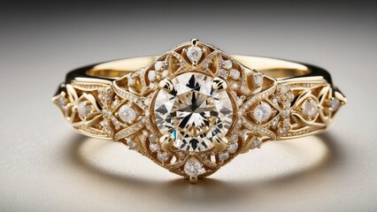A luxurious gold engagement ring featuring a brilliant diamond centerpiece, with intricate details, cut out and displayed on white.-