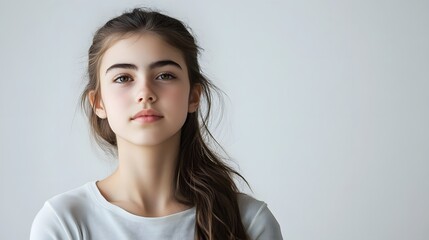93. A teenage girl with a shy expression, glancing away with a slight smile, against a clean white background.