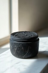 Ultra-wide shot of a charcoal clay mask jar, blurred white marble background, subtle shadows, calming vibe.
