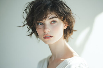 Fototapeta premium A portrait of a woman with tousled short hair, gazing softly at the camera