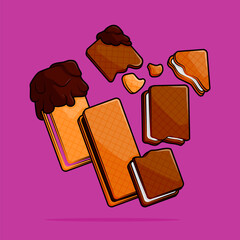 cartoon illustration of coffee biscuit sandwich with filling of strawberry vanilla chocolate flavor coated with dipping chocolate. can be used for menu, cover, cafe, restaurant, cookbook, ads, poster