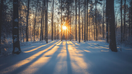 Winter solstice sunlight filters through trees in a snowy forest landscape at dusk