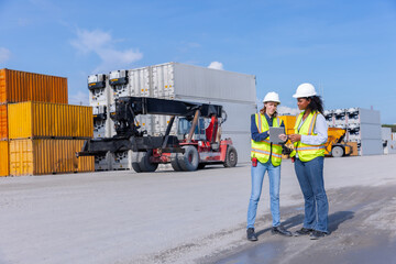 Female Workers Coordinating at Container Yard: Logistics, Safety, and Equipment Operation for Cargo...