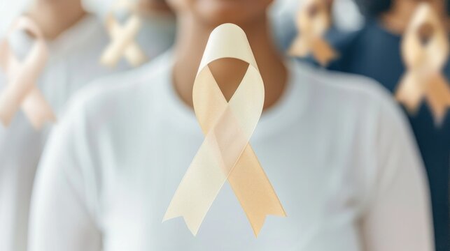 Group of diverse people supporting cancer awareness with beige ribbons. Support for paralysis, spinal cord injuries, spinal diseases or disorders, Spinal Muscular Atrophy (SMA). - Powered by Adobe