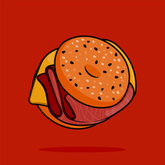 illustration of bagel sandwich with double cheese filling and red brisket ham in line art style. Can be used for restaurants, cafes, local street food, cookbook menu covers