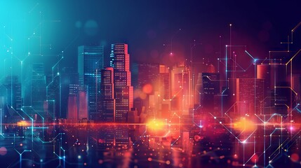 Obraz premium Futuristic digital cityscape with interconnected network nodes, showcasing advanced 5G technology for global connectivity and smart city infrastructure.