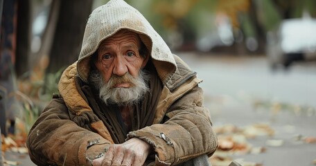 Obraz premium An elderly man without a home, dressed in rags, Generative AI.