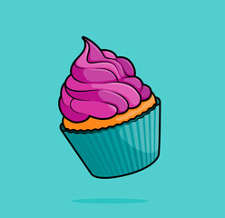 cartoon illustration of cupcake with strawberry pink flavor swirl icing topping. can be used for menu, cover, cafe, restaurant, cookbook, ads, print, poster, website