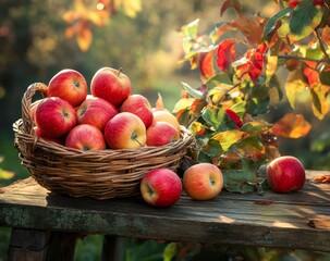 A basket of fresh red apples sits on a wooden table amidst autumn leaves.