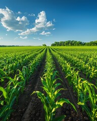 Naklejka premium Vibrant Corn Plantation Field Under Clear Blue Sky - Lush Green Corn Stalks in Abundance, Ideal for Agriculture, Farming, Nature, and Landscapes Photography