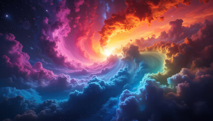 Vibrant cosmic rainbow clouds backdrop, symbolizing LGBT pride and limitless imagination