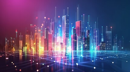 Fototapeta premium Futuristic digital cityscape with interconnected network nodes, showcasing advanced 5G technology for global connectivity and smart city infrastructure.