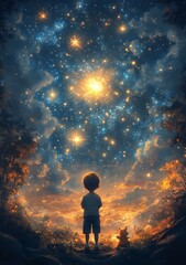 Obraz premium A young boy gazes at a starry sky with his teddy bear, lost in wonder.