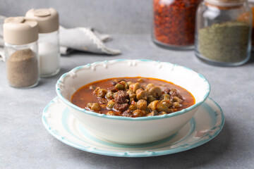 Traditional Turkish dishes, Okra Soup - Konya Style; dried okra soup - Turkish name; bamya corbasi