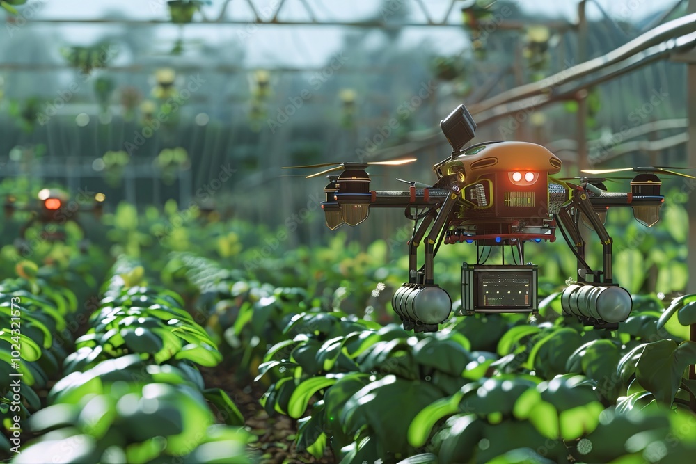 Poster Advanced drones and AI technology are actively monitoring crops, enhancing farming practices and optimizing growth in a high-tech environment. Generative AI