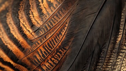 Naklejka premium Macro view of a turkey feather with fine patterns and natural color variations.