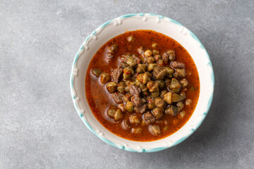 Traditional Turkish dishes, Okra Soup - Konya Style; dried okra soup - Turkish name; bamya corbasi