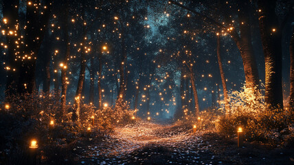Enchanting winter solstice night in a magical forest filled with glowing lights and candles