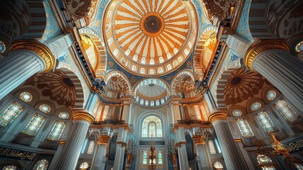 Obraz premium Ornate Interior of a Mosque with a Large Dome and Stained Glass Windows