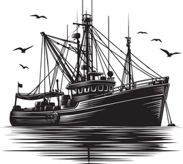 Fishing boat silhouette vector illustration isolated on a white background