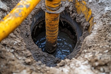A yellow pipe empties into a muddy hole. This image shows a sewer line being cleaned with a high-pressure hose.