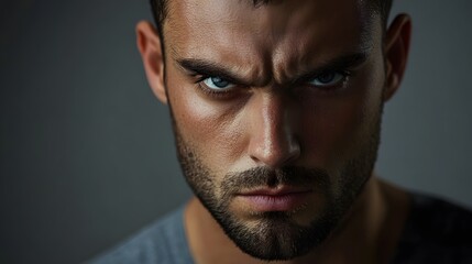 Obraz premium 78. A man with a serious look, mouth set in a firm line, against a soft gray backdrop.