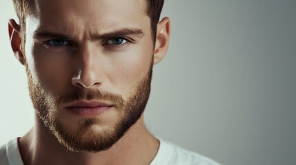 Obraz premium 78. A man with a serious look, mouth set in a firm line, against a soft gray backdrop.