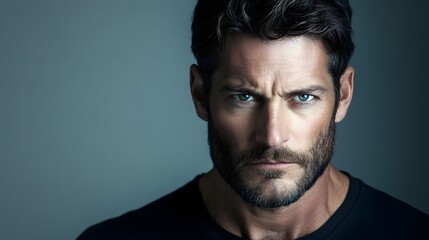Fototapeta premium 78. A man with a serious look, mouth set in a firm line, against a soft gray backdrop.