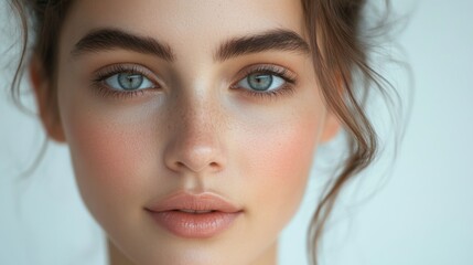 Naklejka premium Woman's half face, pure white backdrop, moisturizing lip serum with a soft tint, rosy cheeks, angelic brightness, simple yet captivating look.