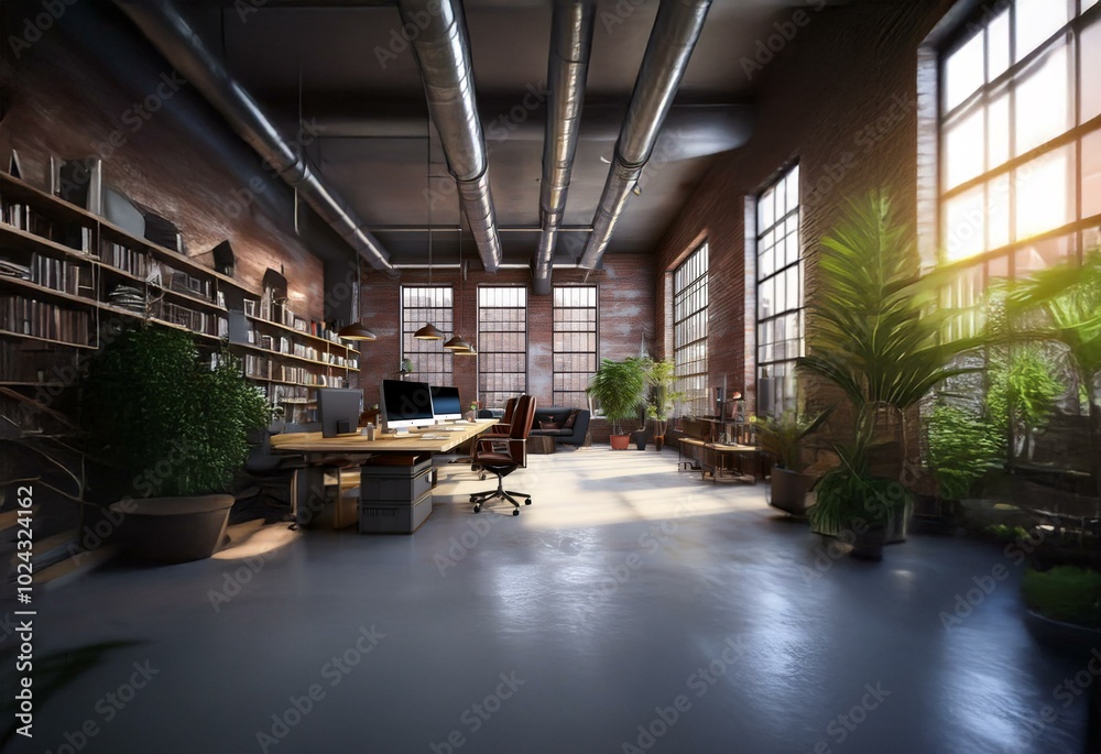 Aufkleber a large open space with industrial features and large windows that let in a warm, sunny glow.