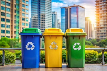 Three recycling bins are lined up on a table in front of a city skyline