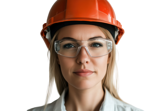 Serious Female Construction Worker in Hardhat and Goggles