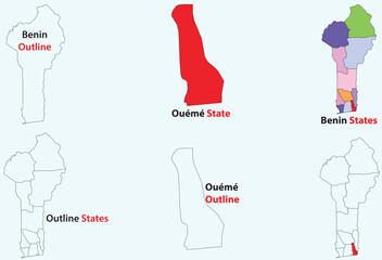 Ouémé map vector of Benin, Ouémé line map, Ouémé with city map, Ouémé outline map